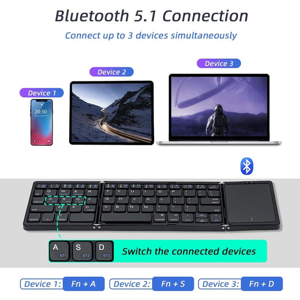 Tri Fold Foldable Bluetooth Keyboard with Touchpad