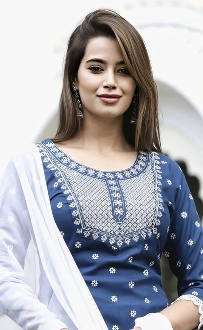 Women Rayon Embroidered Kurti Set (3PC) with Dupatta | Stylish Ethnic Wear for Daily & Festive