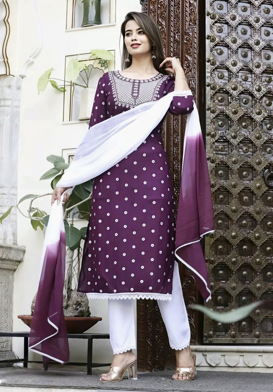 Women Rayon Embroidered Kurti Set (3PC) with Dupatta | Stylish Ethnic Wear for Daily & Festive