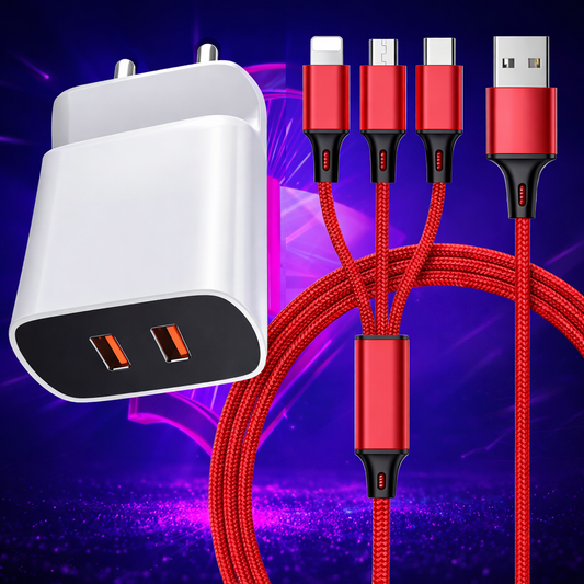 Fast Charger Combo 20W + 3 in 1 Cable | Dual USB Charger India