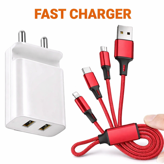 Fast Charger Combo 20W + 3 in 1 Cable | Dual USB Charger India